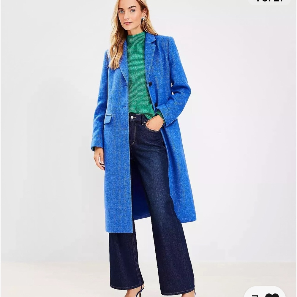 EUC Ann Taylor Loft long Coat jacket cobalt blue twill size Medium